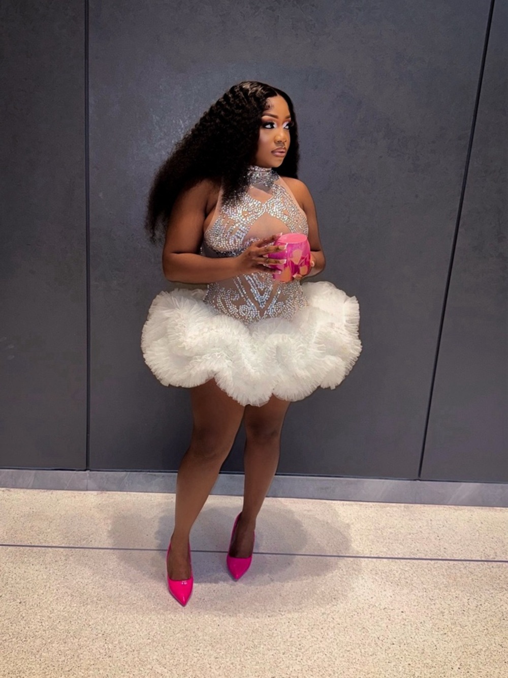 Crystal Embellished Tulle Mini Dress in White